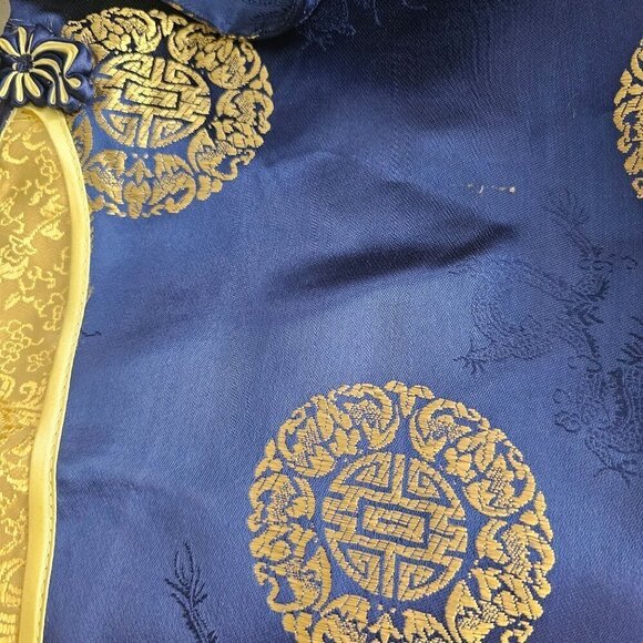 Kevin T Chinese Silk Qipao Top + Long Skirt Set S/M Thigh High Slits Blue Gold - Picture 10 of 10